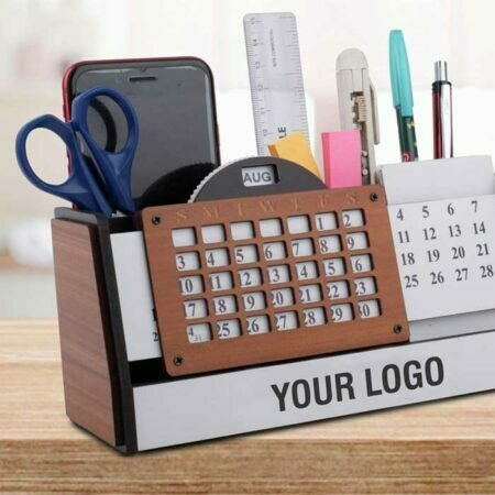 Wooden Lifetime calendar with Pen holder, Mobile holder, Card holder and Writing Pad holder