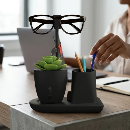 desk organizer black with plant on the workstation