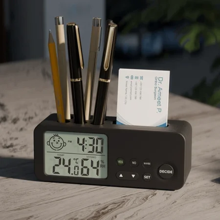 desk organizer digital clock with pen stand