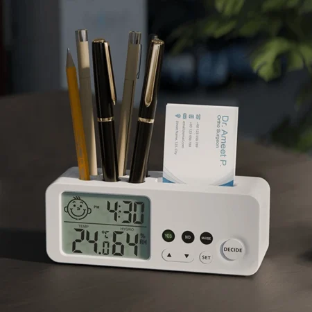 desk organizer digital clock with pen stand white