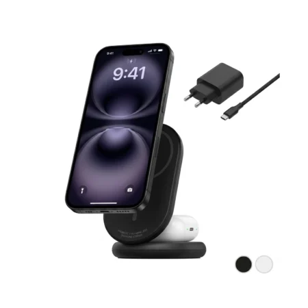 Black BEL 3-in-1 Mag foldable wireless charger QI2 15W, a premium corporate gift option from The Gift Lounge, featuring a dynamic charging station for phone, watch, and earbuds