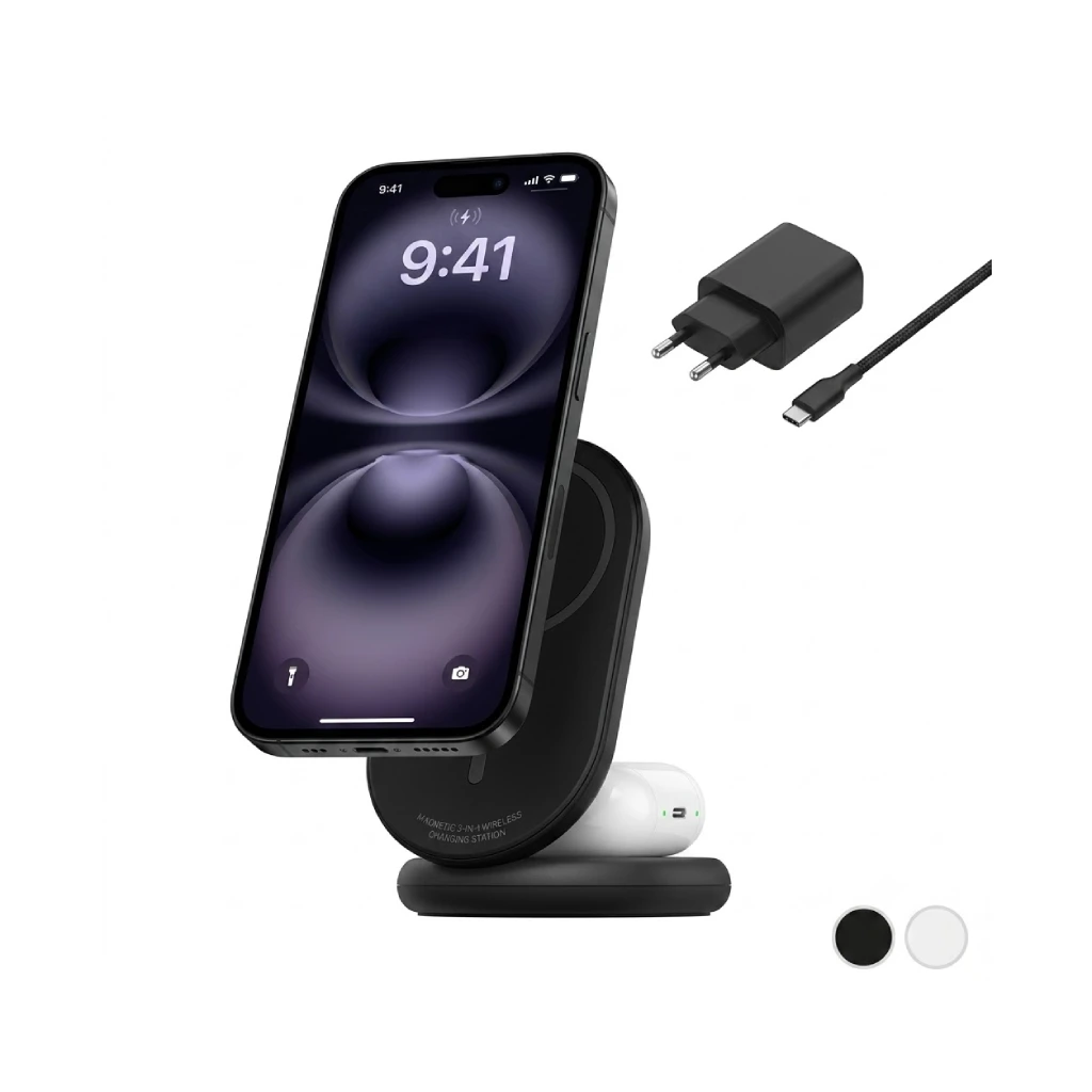 Black BEL 3-in-1 Mag foldable wireless charger QI2 15W, a premium corporate gift option from The Gift Lounge, featuring a dynamic charging station for phone, watch, and earbuds