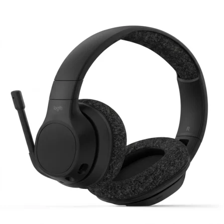 Black Belkin SoundForm Adapt over-ear wireless headset featuring textured fabric ear cushions and an adjustable boom microphone, isolated on a white background for corporate gifting.