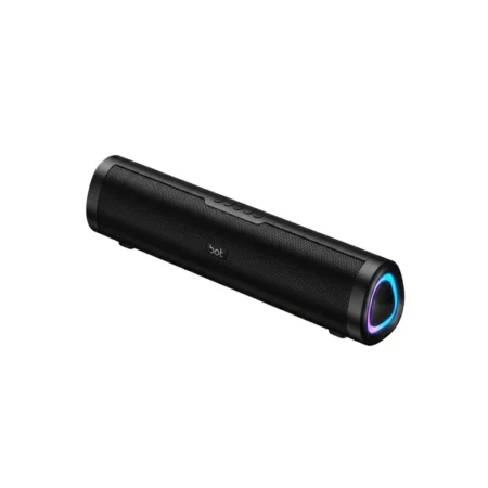 A black boAt Aavante Bar Groove Plus portable soundbar with a glowing neon blue and purple RGB side panel, isolated on a white background as a premium corporate gifting item