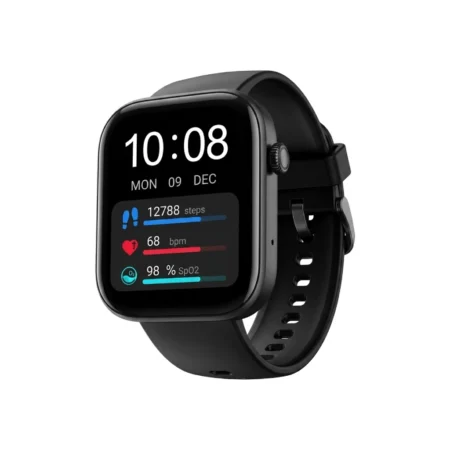 A high-definition close-up of the black BoAt Wave Astra 3 smartwatch, a popular corporate gift item for tech swag, featuring a 3/4 angle view of the vibrant digital watch face displaying steps, heart rate, and SpO2 metrics against a white background.