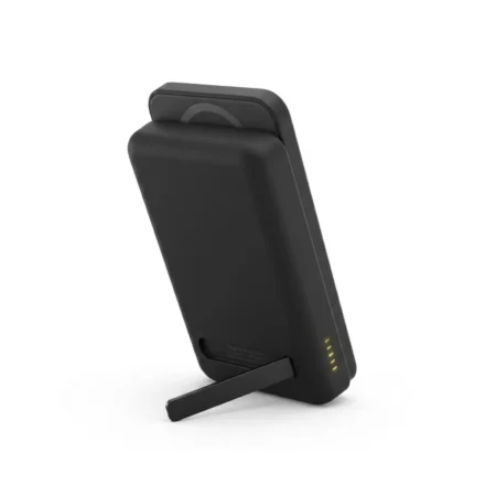 A BOOSTCHARGE PRO MAGNETIC POWER BANK 10K, a premium corporate gift item for employees and clients, shown from a rear angle with its integrated kickstand and magnetic charging symbol against a plain white background
