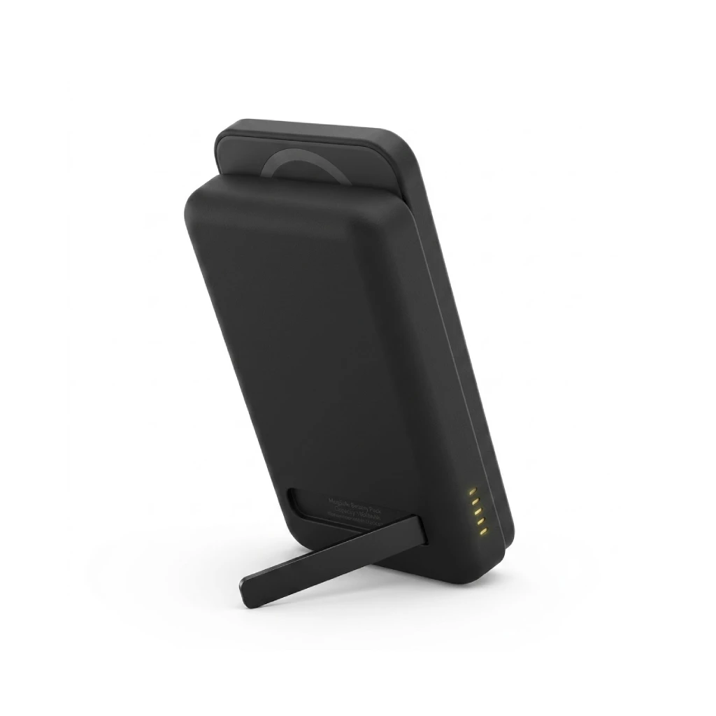 A BOOSTCHARGE PRO MAGNETIC POWER BANK 10K, a premium corporate gift item for employees and clients, shown from a rear angle with its integrated kickstand and magnetic charging symbol against a plain white background