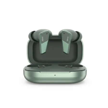 A pair of metallic green Noise brand wireless earbuds standing upright inside their matching open charging case, presented on a clean white background as a premium corporate gifting option.