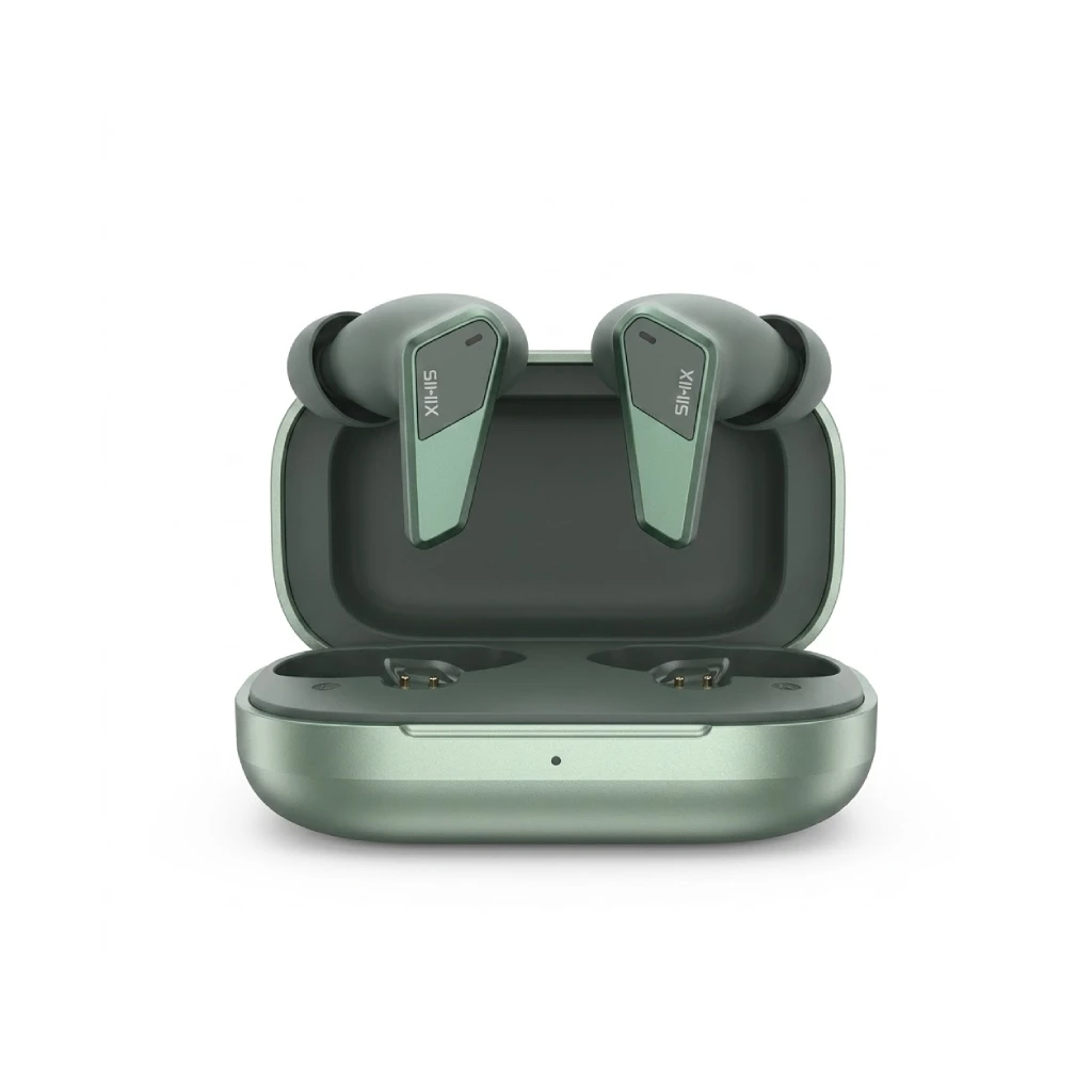 A pair of metallic green Noise brand wireless earbuds standing upright inside their matching open charging case, presented on a clean white background as a premium corporate gifting option.