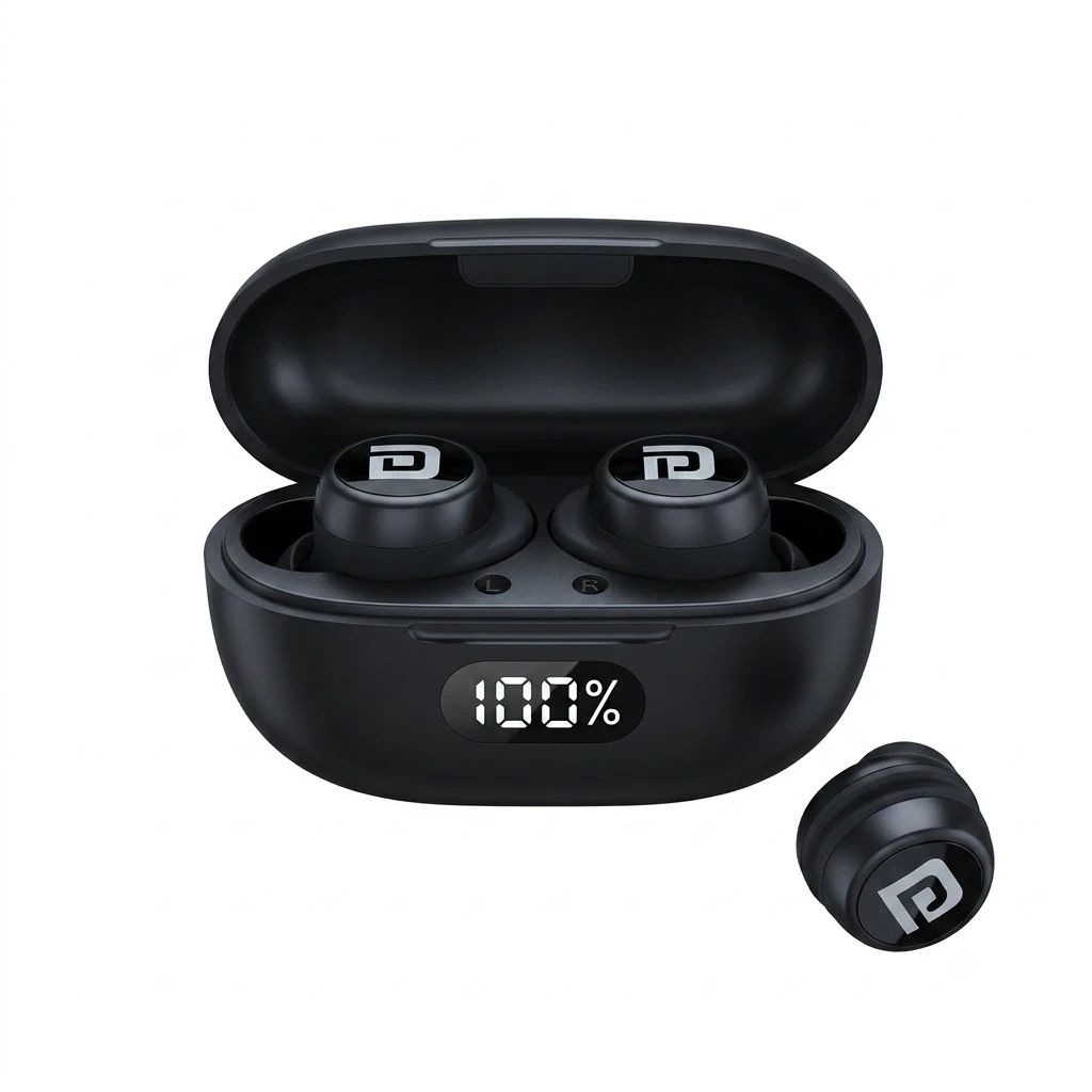 Black Portronics Harmonics Twins S5 wireless earbuds in an open charging case showing a 100% LED battery display, ideal for corporate gifting and executive tech swag.