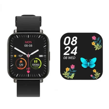 Black Portronics Kronos Y1 smart calling watch with an analog fitness display next to a customizable butterfly watch face option, presented as a corporate gift item on a clean white background.