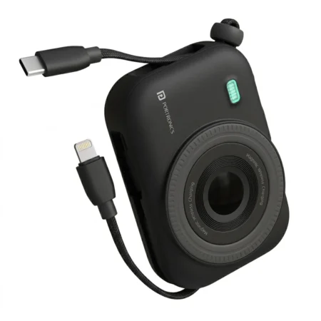 Black Portronics Power Shutter 20K mAh power bank shaped like a mini camera with built-in Type-C and Lightning cables, isolated on a white background for corporate gifting.