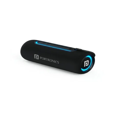 A black Portronics Resound 2 rechargeable Bluetooth speaker with glowing blue LED accents on the side and top panels, displayed on a clean white background as a premium corporate gifting item.