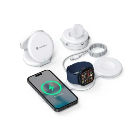 A white multi-device wireless charger charging a smartphone and a smartwatch simultaneously, shown alongside its folded configurations against a plain white background as an executive corporate gifting option.