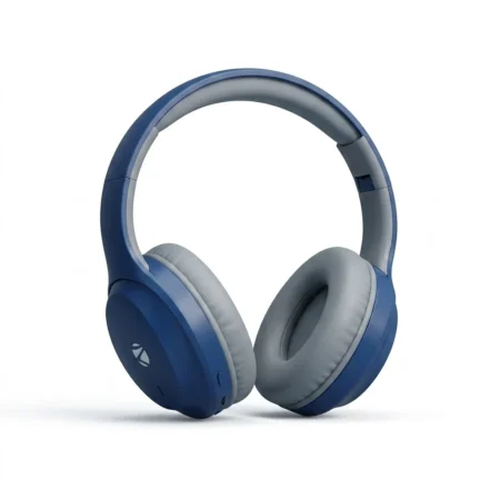Blue and grey Zebronics Paradise Neo wireless over-ear headphones with soft ear cushions isolated on a plain white studio background.