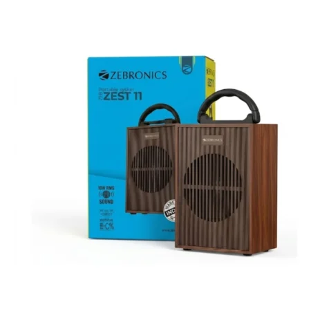 Zebronics Zeb-Zest 11 10W portable Bluetooth speaker with textured wood finish, top handle, and retail packaging on a white background.
