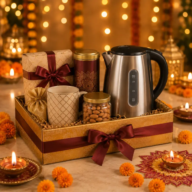 Corporate Diwali gift hamper with stainless steel electric kettle, nuts and festive gifts