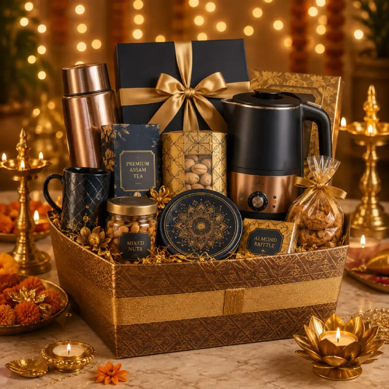 Corporate Diwali gift hamper with electric kettle, tea, nuts and premium gifts