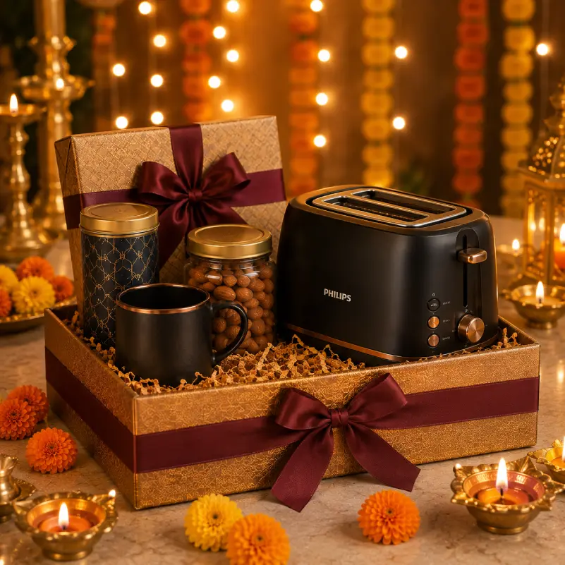 Corporate Diwali gift hamper with Philips toaster, nuts, mug and premium gifts