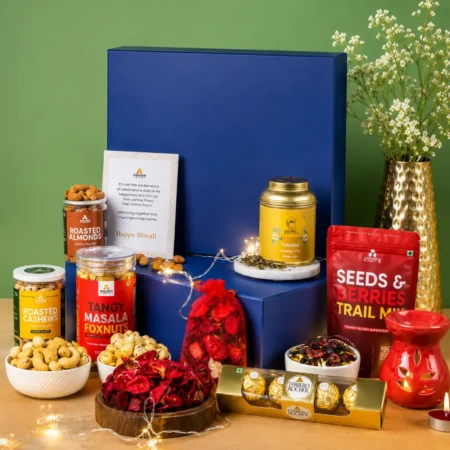 A diwali corporate gift with nuts, berries, almonds and Ferrero Roucher.