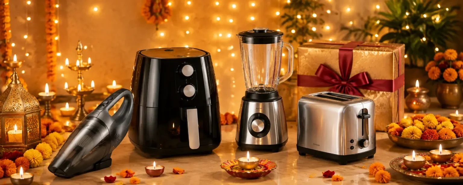 Corporate Diwali gifts by The Gift Lounge, featuring air fryer, blender, toaster and handheld vacuum