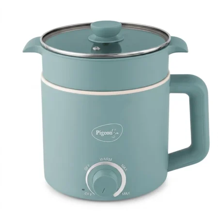 Pigeon 1.5L Swift Plus multi cook kettle in a teal color with a glass lid and controls, ideal for corporate gifts for diwali.