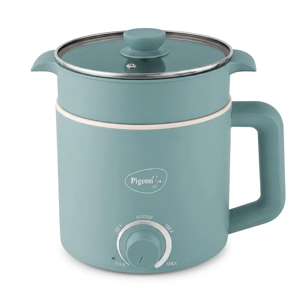 Pigeon 1.5L Swift Plus multi cook kettle in a teal color with a glass lid and controls, ideal for corporate gifts for diwali.
