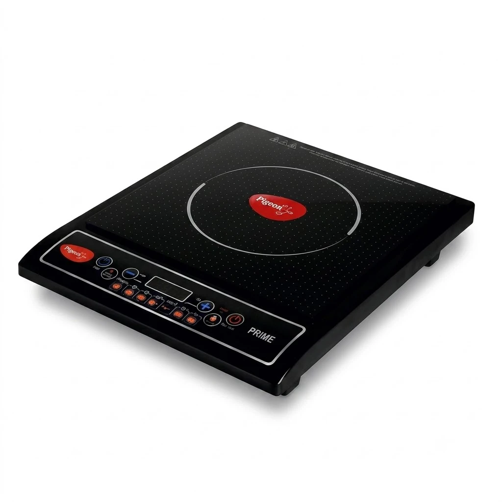 A detailed high-angle view of the Pigeon ICT Prime induction cooktop with its sleek black surface, control panel, and central red logo, positioned against a seamless white background, ideal for practical gifts for employees.
