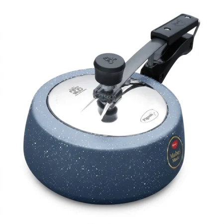 A 2-liter Pigeon Mabel inner lid ceramic pressure cooker with a speckled blue finish, a highly polished inner lid, and a black ergonomic handle. The 'Pigeon' brand logo and 'Mabel Made' sticker are visible. This cooker is an excellent and practical choice for Diwali gifts for employees.
