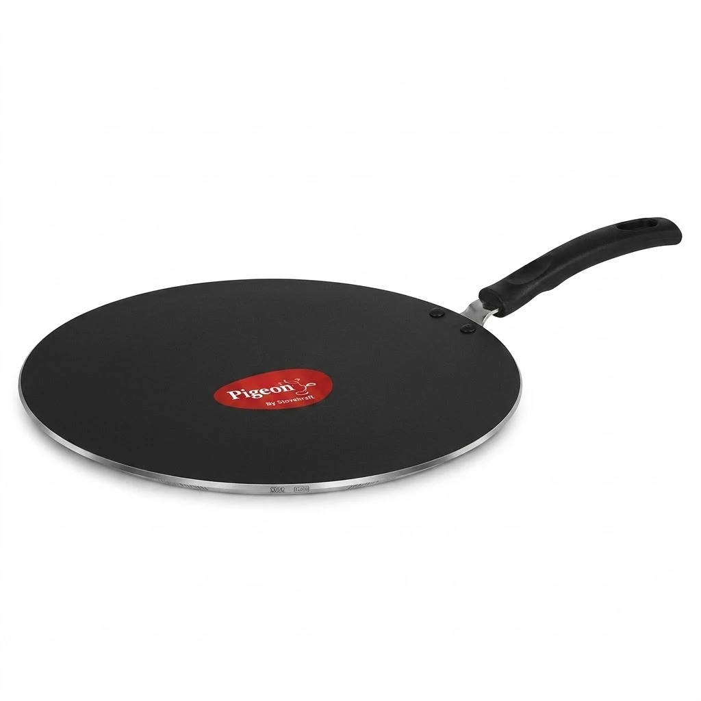 Pigeon non-stick flat tawa griddle pan with a black handle and prominent red brand logo in the center. This high-performance tawa is an excellent choice for a useful and quality Diwali corporate gift for employees.