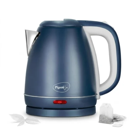 Pigeon Tesla 1.5L electric kettle in blue with tea bags and leaves, an excellent choice for corporate gifts for Diwali.