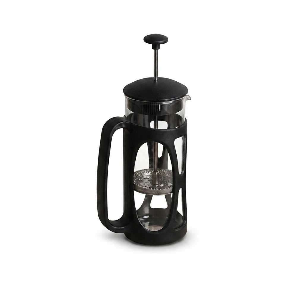 Wonderchef glass French press coffee maker with black frame isolated on a white background, suitable for diwali gifts for employees.
