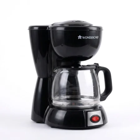 Wonderchef Onyx Brew black drip coffee maker with glass carafe and logo, ideal for corporate diwali gifts for employees.