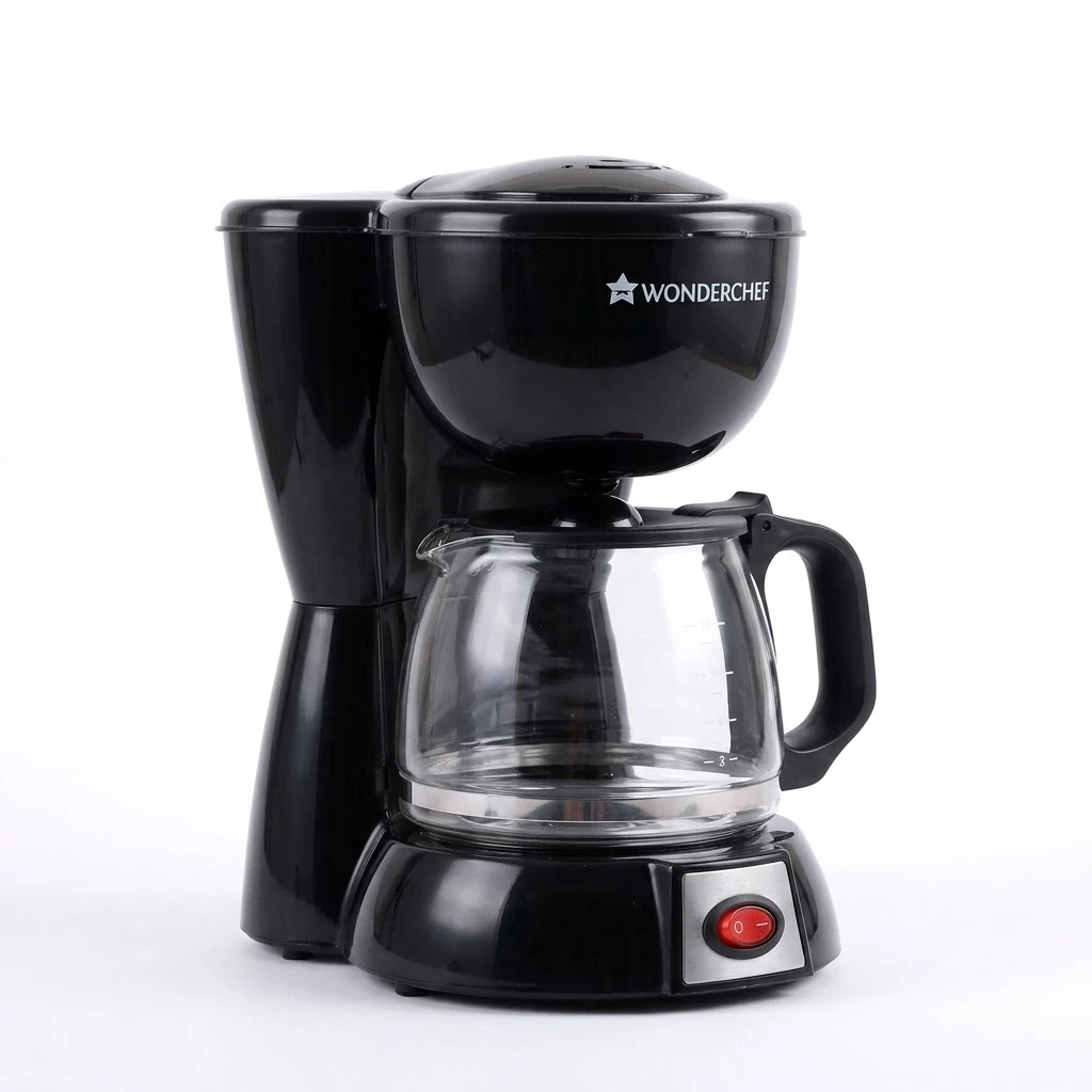 Wonderchef Onyx Brew black drip coffee maker with glass carafe and logo, ideal for corporate diwali gifts for employees.