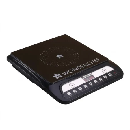 Black Wonderchef 1500W power induction cooktop with push-button digital control panel and star design heating zone, isolated on a white background.