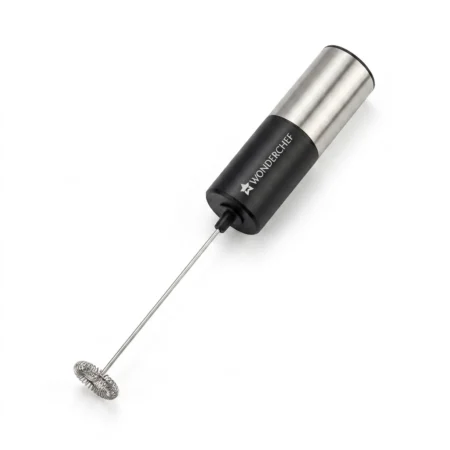 Wonderchef Regalia handheld electric milk frother with stainless steel stem and black handle isolated on a white background.